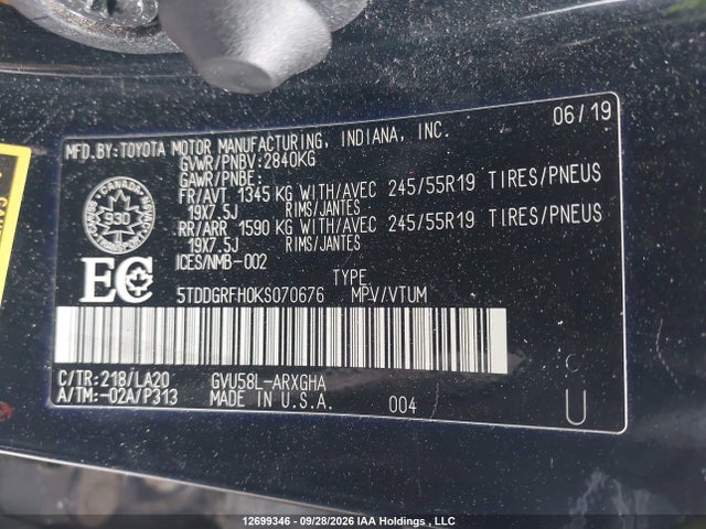 5TDDGRFH0KS070676 Toyota Highlander Hybrid Limited