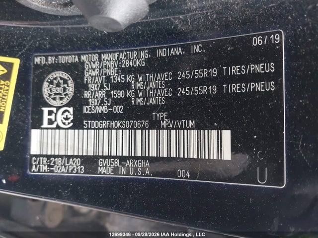 5TDDGRFH0KS070676 Toyota Highlander Hybrid Limited