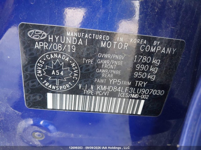 2020 Hyundai Elantra Sel/value/limited მანქანა იყიდება აუქციონზე, vin: KMHD84LF3LU907030, აუქციონის ნომერი: 12699353