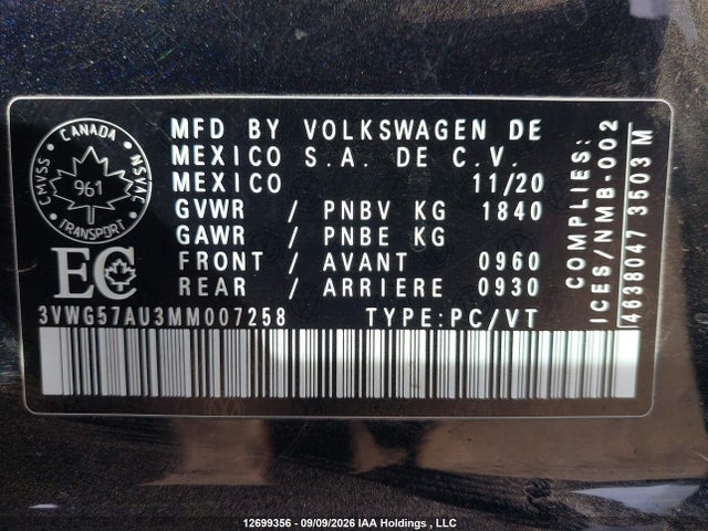 Продажа на аукционе авто 2021 Volkswagen Golf Comfortline/highline, vin: 3VWG57AU3MM007258, номер лота: 12699356
