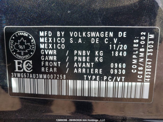 Продажа на аукционе авто 2021 Volkswagen Golf Comfortline/highline, vin: 3VWG57AU3MM007258, номер лота: 12699356