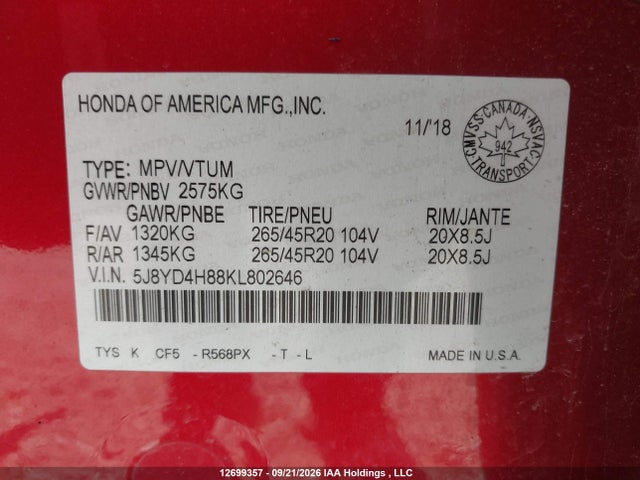 Acura Mdx Elite 2019 5J8YD4H88KL802646 Image 21