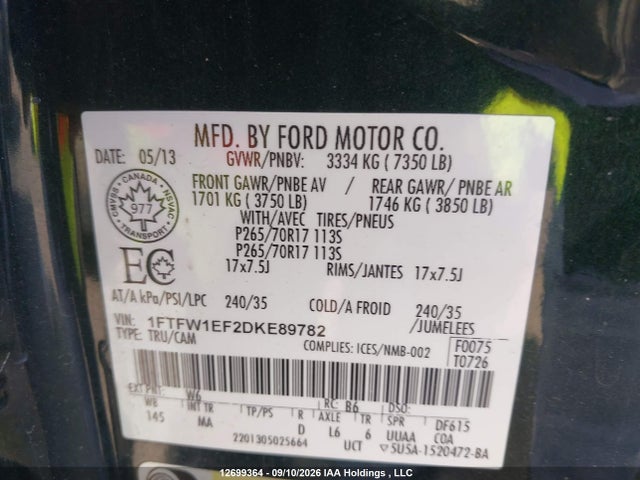 2013 Ford F150 Supercrew მანქანა იყიდება აუქციონზე, vin: 1FTFW1EF2DKE89782, აუქციონის ნომერი: 12699364