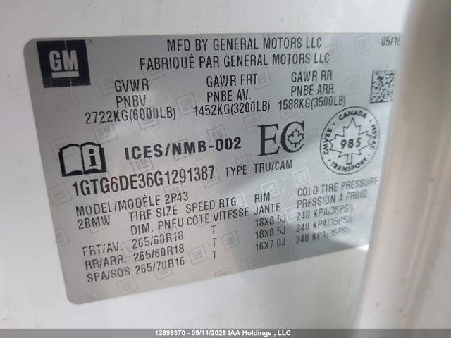 Продажа на аукционе авто 2016 Gmc Canyon Slt, vin: 1GTG6DE36G1291387, номер лота: 12699370