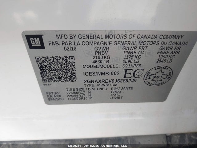 2018 Chevrolet Equinox მანქანა იყიდება აუქციონზე, vin: 2GNAXREV6J6286249, აუქციონის ნომერი: 12699381