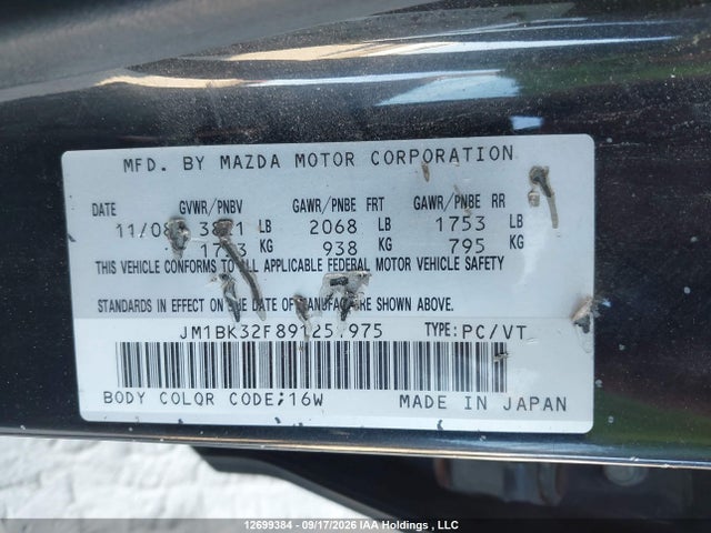 2009 Mazda Mazda3 Gs/gx მანქანა იყიდება აუქციონზე, vin: JM1BK32F891251975, აუქციონის ნომერი: 12699384