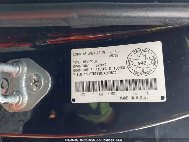 12699386 :رقم المزاد ، 5J8TB18207A803870 vin ، 2007 Acura Rdx مزاد بيع