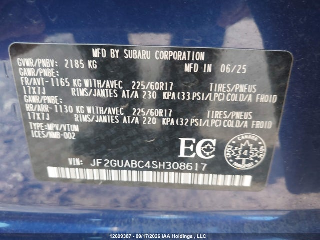Продаж на аукціоні авто 2025 Subaru Crosstrek Convenience, vin: JF2GUABC4SH308617, номер лоту: 12699387