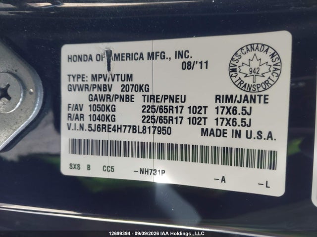 12699394 :رقم المزاد ، 5J6RE4H77BL817950 vin ، 2011 Honda Cr-v مزاد بيع