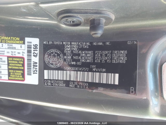 Продажа на аукционе авто 2014 Toyota Sienna Le, vin: 5TDKK3DC8ES457572, номер лота: 12699403