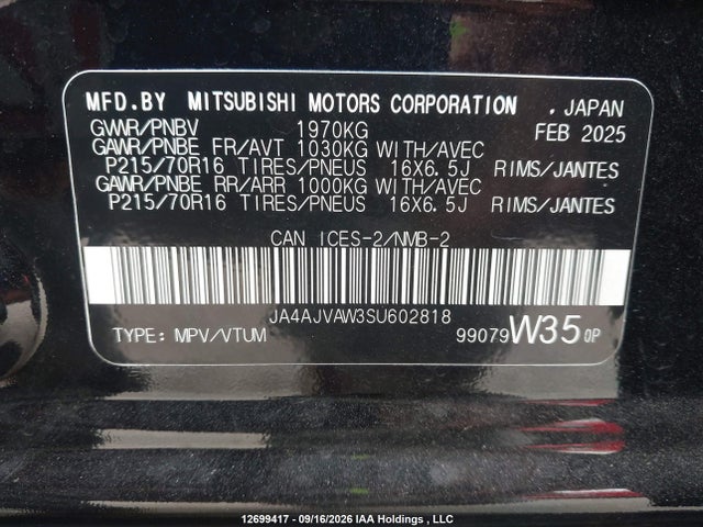 2025 Mitsubishi Rvr მანქანა იყიდება აუქციონზე, vin: JA4AJVAW3SU602818, აუქციონის ნომერი: 12699417