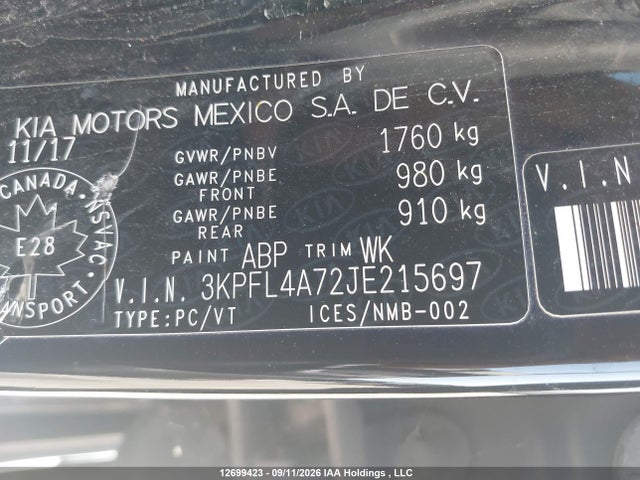 12699423 :رقم المزاد ، 3KPFL4A72JE215697 vin ، 2018 Kia Forte مزاد بيع