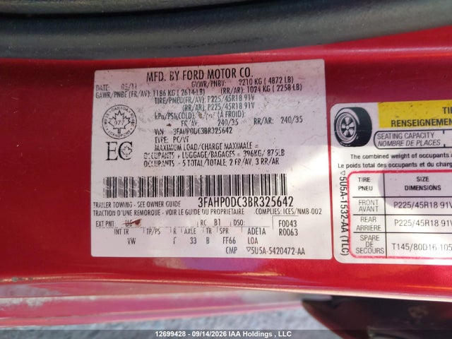 Aukcja sprzedaży 2011 Ford Fusion Sport, vin: 3FAHP0DC3BR325642, numer aukcji: 12699428