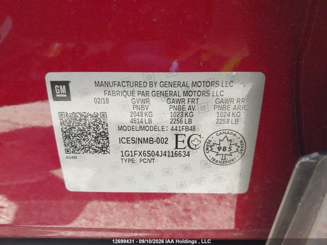 12699431 :رقم المزاد ، 1G1FX6S04J4116634 vin ، 2018 Chevrolet Bolt Ev Premier مزاد بيع