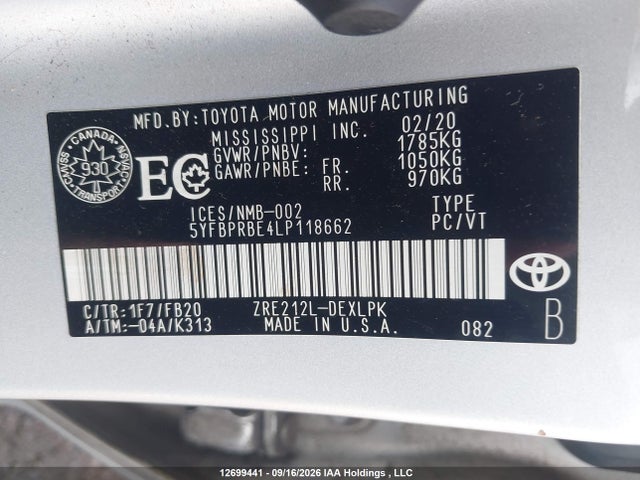 5YFBPRBE4LP118662 Toyota COROLLA LE