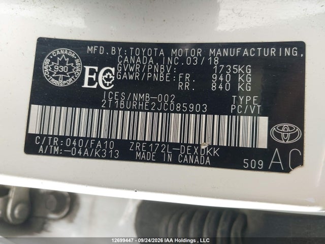 12699447 :رقم المزاد ، 2T1BURHE2JC085903 vin ، 2018 Toyota Corolla L/le/xle/se/xse مزاد بيع