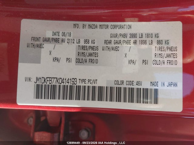 12699449 :رقم المزاد ، JM1DKFB77K0414193 vin ، 2019 Mazda Cx-3 Sport مزاد بيع