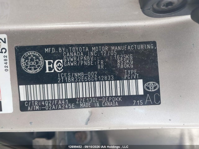 Продажа на аукционе авто 2006 Toyota Corolla Ce/le/s, vin: 2T1BR32E56C612833, номер лота: 12699452