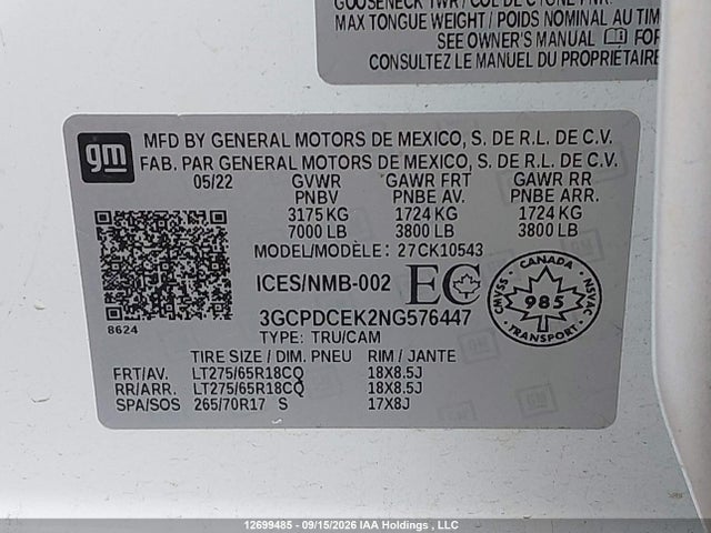 12699485 :رقم المزاد ، 3GCPDCEK2NG576447 vin ، 2022 Chevrolet Silverado K1500 Trail Boss Custom مزاد بيع