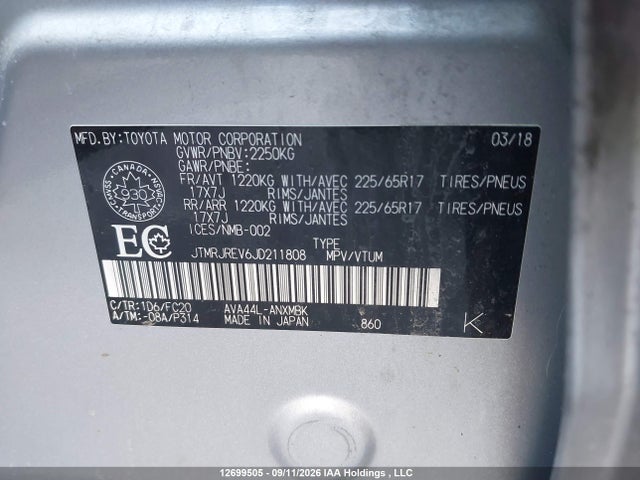 12699505 :رقم المزاد ، JTMRJREV6JD211808 vin ، 2018 Toyota Rav4 Hv Le Plus/xle مزاد بيع