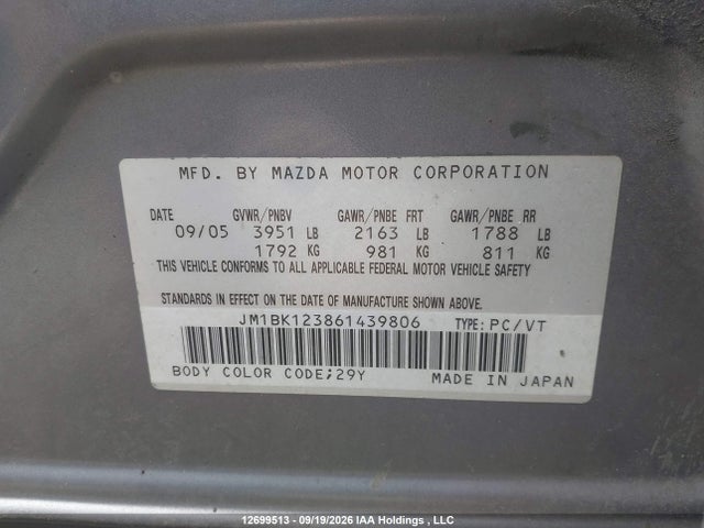 Продажа на аукционе авто 2006 Mazda 3, vin: JM1BK123861439806, номер лота: 12699513