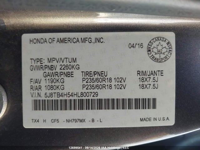 Auction sale of the 2017 Acura Rdx Tech, vin: 5J8TB4H54HL800729, lot number: 12699541