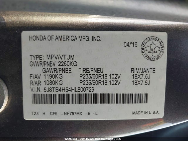 Auction sale of the 2017 Acura Rdx Tech, vin: 5J8TB4H54HL800729, lot number: 12699541