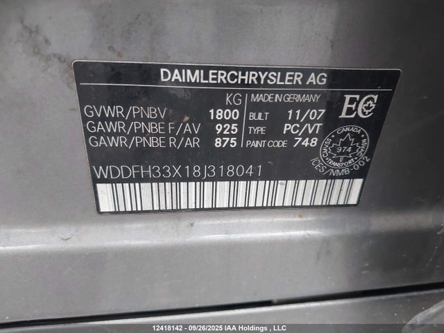 2008 Mercedes-benz B 200 მანქანა იყიდება აუქციონზე, vin: WDDFH33X18J318041, აუქციონის ნომერი: 12418142