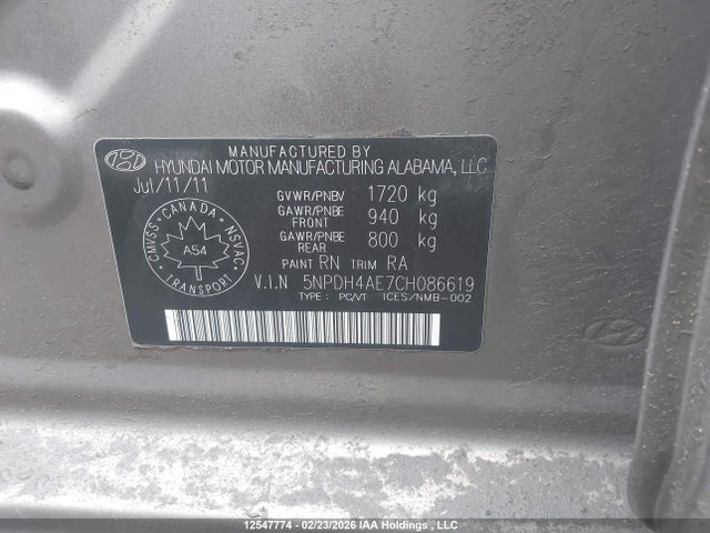 Продажа на аукционе авто 2012 Hyundai Elantra Gl, vin: 5NPDH4AE7CH086619, номер лота: 12547774