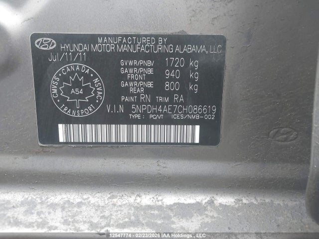 Продажа на аукционе авто 2012 Hyundai Elantra Gl, vin: 5NPDH4AE7CH086619, номер лота: 12547774