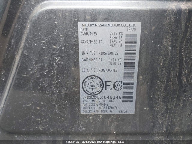Продажа на аукционе авто 2020 Nissan Pathfinder Sl Premium, vin: 5N1DR2CM0LC649149, номер лота: 12612105