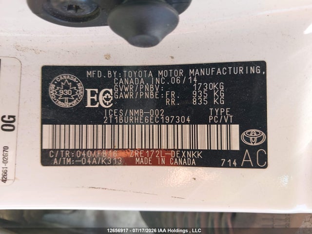 12656917 :رقم المزاد ، 2T1BURHE6EC197304 vin ، 2014 Toyota Corolla Le مزاد بيع