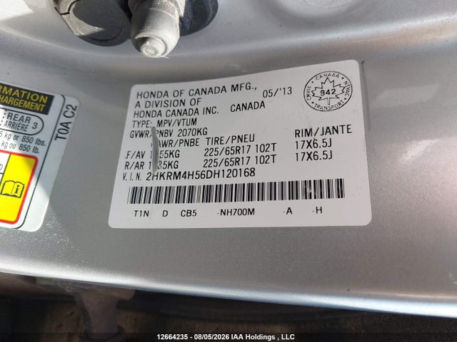 2013 Honda Cr-v Ex მანქანა იყიდება აუქციონზე, vin: 2HKRM4H56DH120168, აუქციონის ნომერი: 12664235