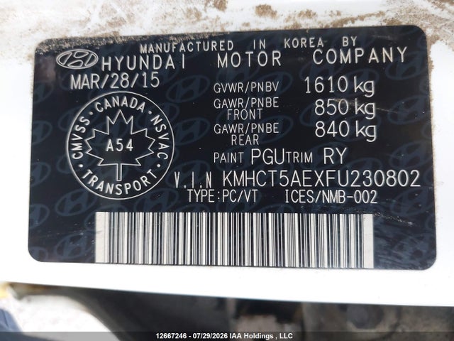 12667246 :رقم المزاد ، KMHCT5AEXFU230802 vin ، 2015 Hyundai Accent L مزاد بيع