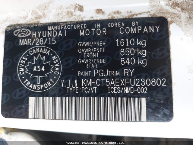 12667246 :رقم المزاد ، KMHCT5AEXFU230802 vin ، 2015 Hyundai Accent L مزاد بيع