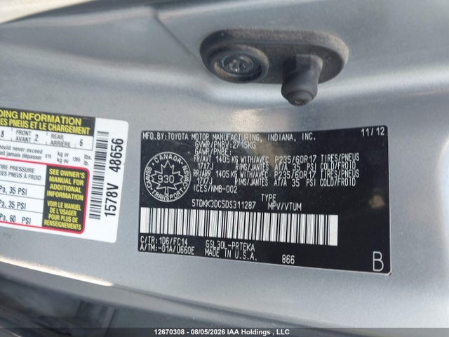 12670308 :رقم المزاد ، 5TDKK3DC5DS311287 vin ، 2013 Toyota Sienna Le V6 مزاد بيع