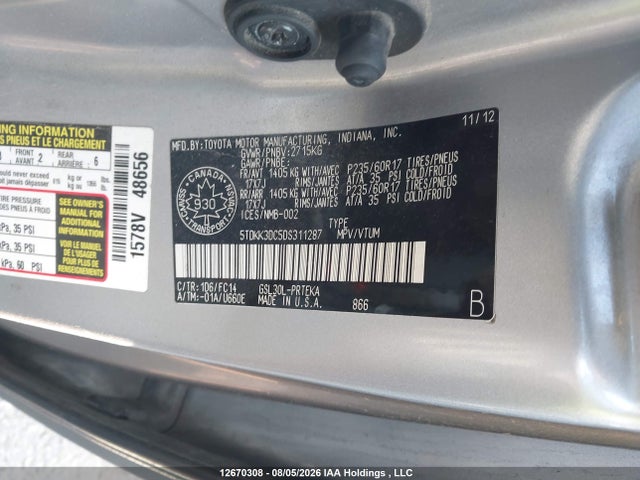 12670308 :رقم المزاد ، 5TDKK3DC5DS311287 vin ، 2013 Toyota Sienna Le V6 مزاد بيع