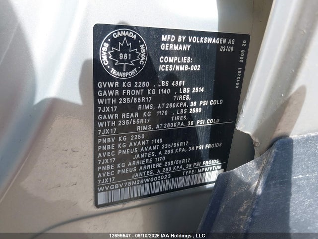 Auction sale of the 2009 Volkswagen Tiguan 2.0t Comfortline/2.0t Highline/2.0t Trendline, vin: WVGBV75N29W002023, lot number: 12699547
