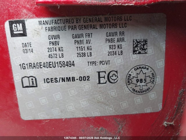 Продаж на аукціоні авто 2014 Chevrolet Volt, vin: 1G1RA6E40EU158494, номер лоту: 12674385