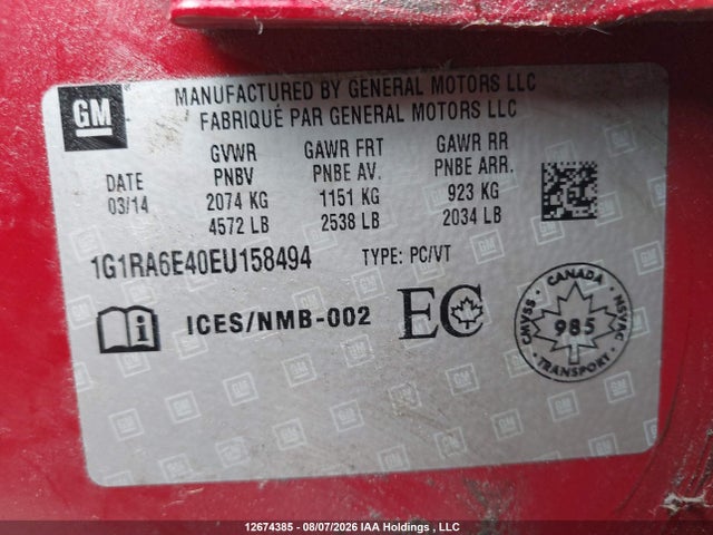 Продаж на аукціоні авто 2014 Chevrolet Volt, vin: 1G1RA6E40EU158494, номер лоту: 12674385
