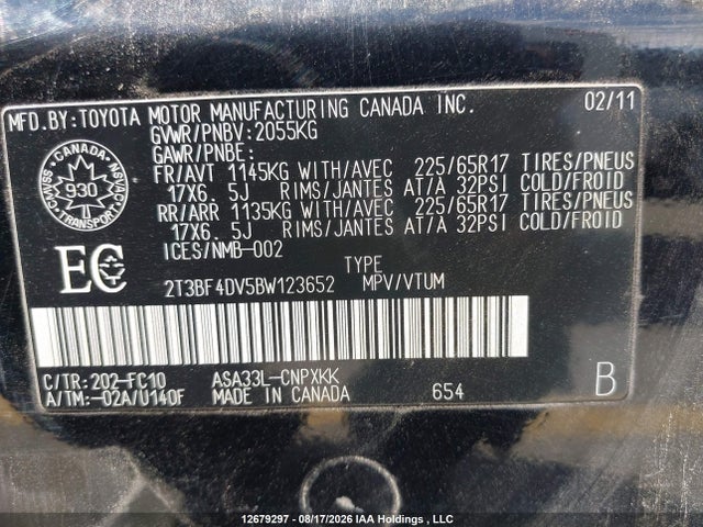 12679297 :رقم المزاد ، 2T3BF4DV5BW123652 vin ، 2011 Toyota Rav4 مزاد بيع