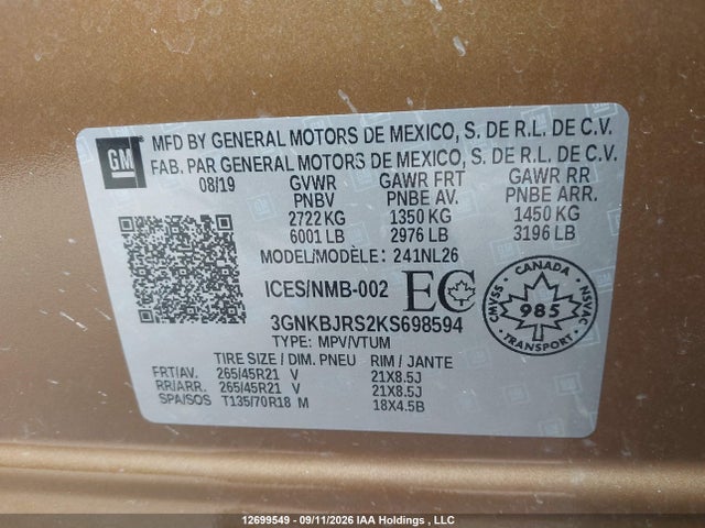 Chevrolet BLAZER RS 2019 3GNKBJRS2KS698594 Image 9