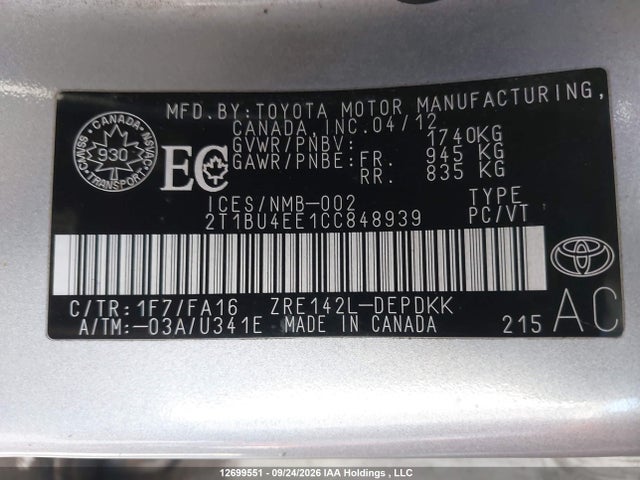 Продаж на аукціоні авто 2012 Toyota Corolla Ce, vin: 2T1BU4EE1CC848939, номер лоту: 12699551