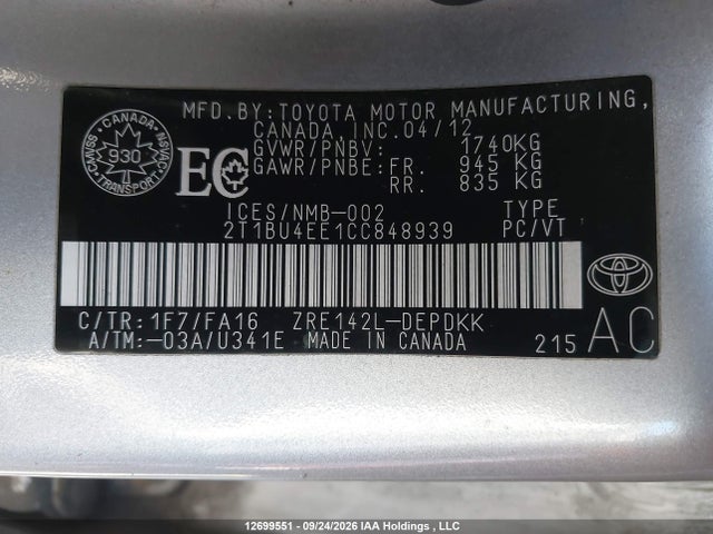 Продаж на аукціоні авто 2012 Toyota Corolla Ce, vin: 2T1BU4EE1CC848939, номер лоту: 12699551