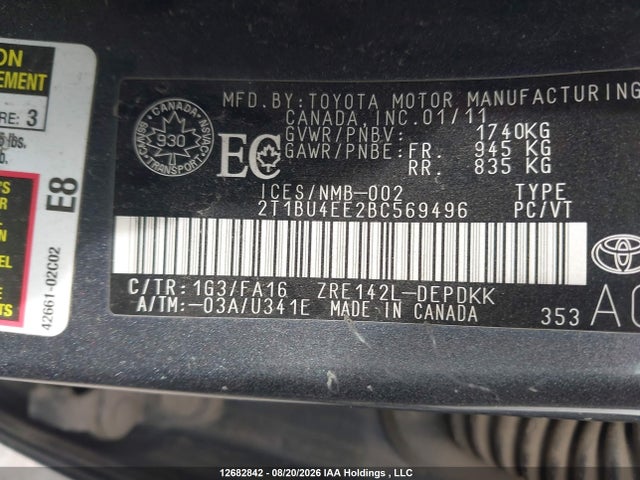 12682842 :رقم المزاد ، 2T1BU4EE2BC569496 vin ، 2011 Toyota Corolla Ce مزاد بيع