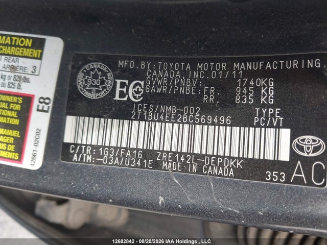 12682842 :رقم المزاد ، 2T1BU4EE2BC569496 vin ، 2011 Toyota Corolla Ce مزاد بيع
