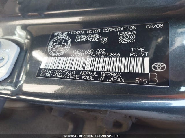 12688054 :رقم المزاد ، JTDBT923491299866 vin ، 2009 Toyota Yaris مزاد بيع