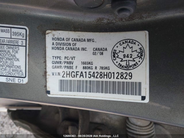 2008 Honda Civic Dx-g მანქანა იყიდება აუქციონზე, vin: 2HGFA15428H012829, აუქციონის ნომერი: 12688363