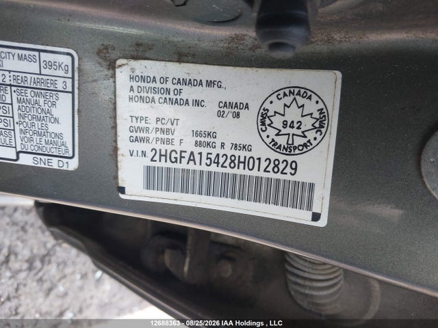 2008 Honda Civic Dx-g მანქანა იყიდება აუქციონზე, vin: 2HGFA15428H012829, აუქციონის ნომერი: 12688363