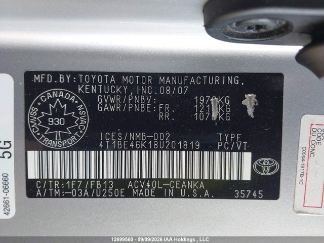Продажа на аукционе авто 2008 Toyota Camry Le, vin: 4T1BE46K18U201819, номер лота: 12699560